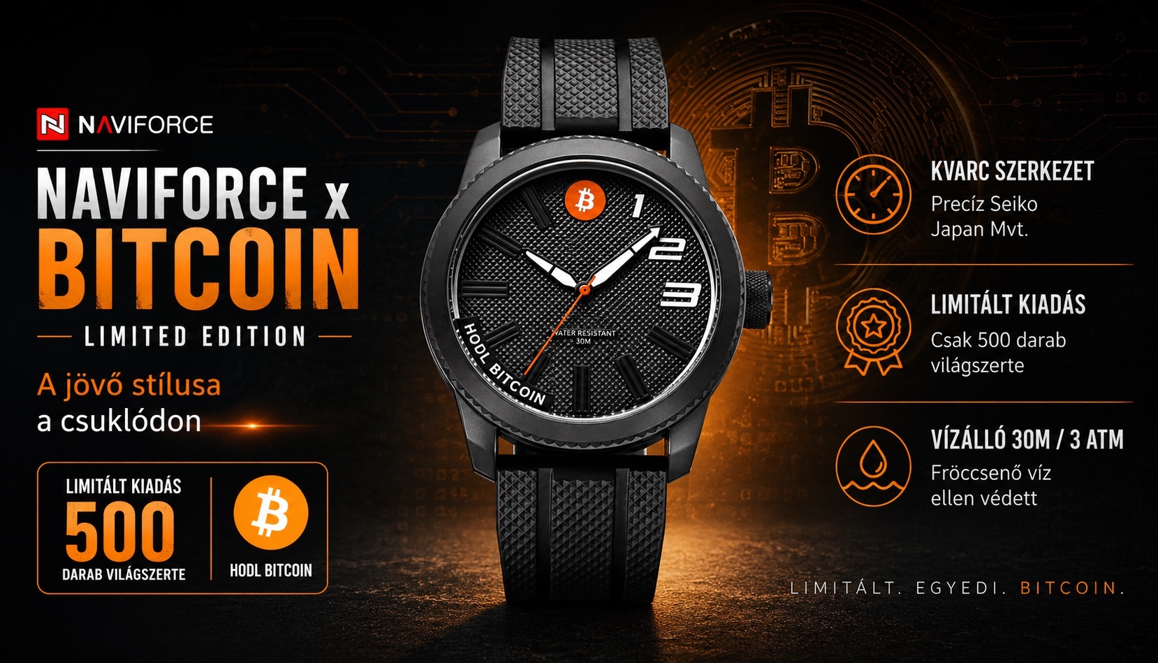 NAVIFORCE x BITCOIN Limitált Quartz Férfi karóra