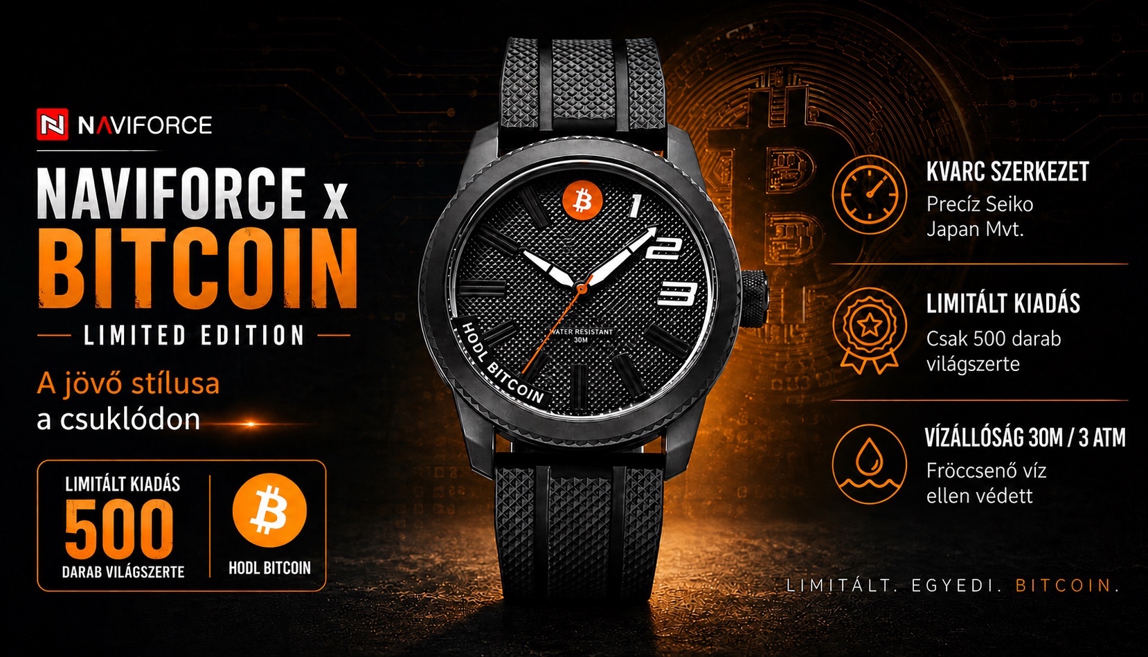NAVIFORCE x BITCOIN Limitált Quartz Férfi karóra