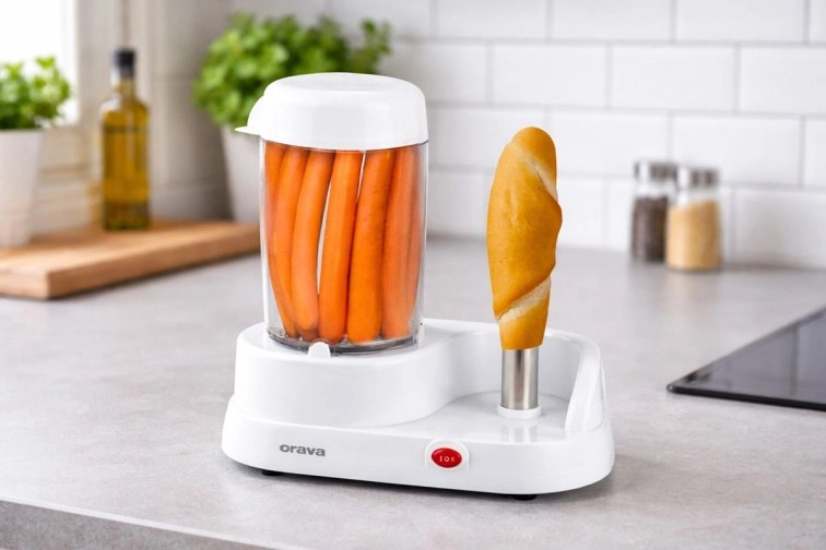Parný hotdogovač Orava HM-01 na kuchynskej linke s párkami v nádobe a rožkom na hrote