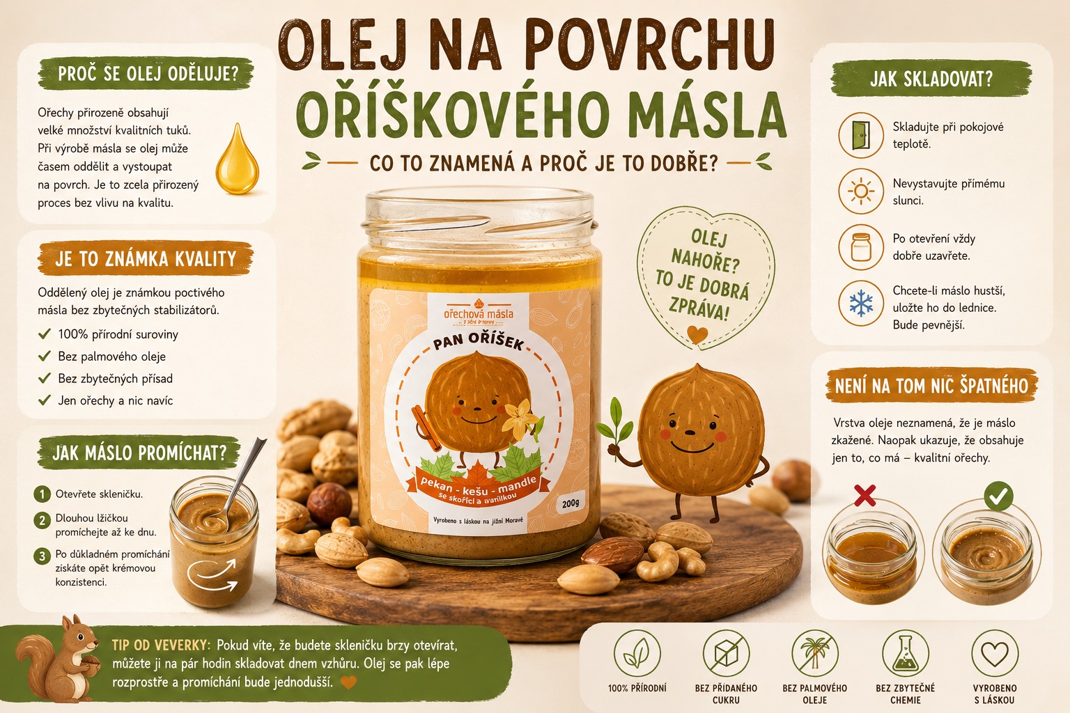 Co znamená olej na povrchu oříškového másla?