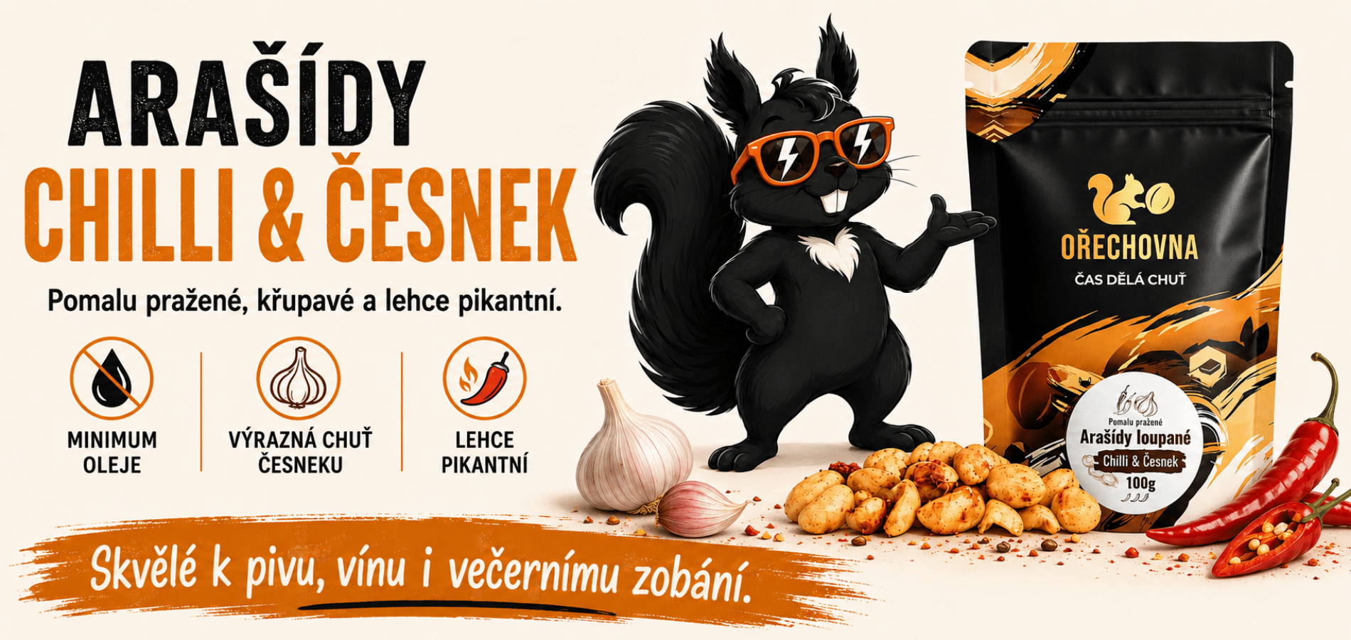 Arašídy Med chilli a česnek Ořechovna – pomalu pražené arašídy s medem, chilli a česnekem