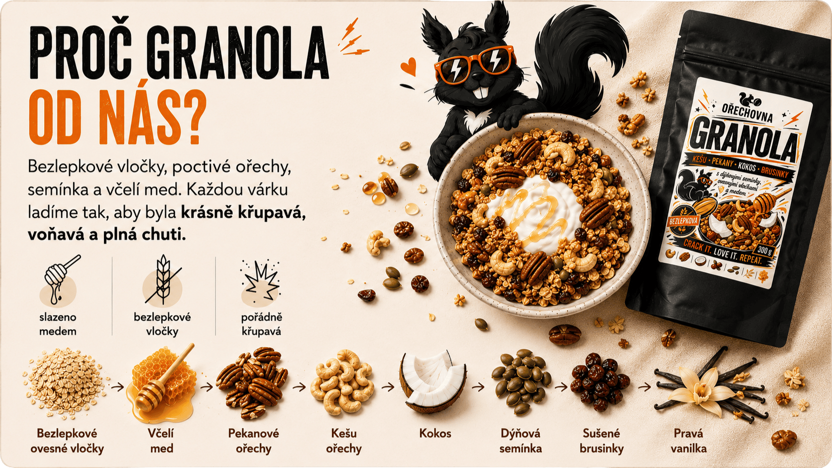Proč granola od nás – bezlepková granola s kešu, pekany, kokosem, medem, brusinkami a pravou vanilkou