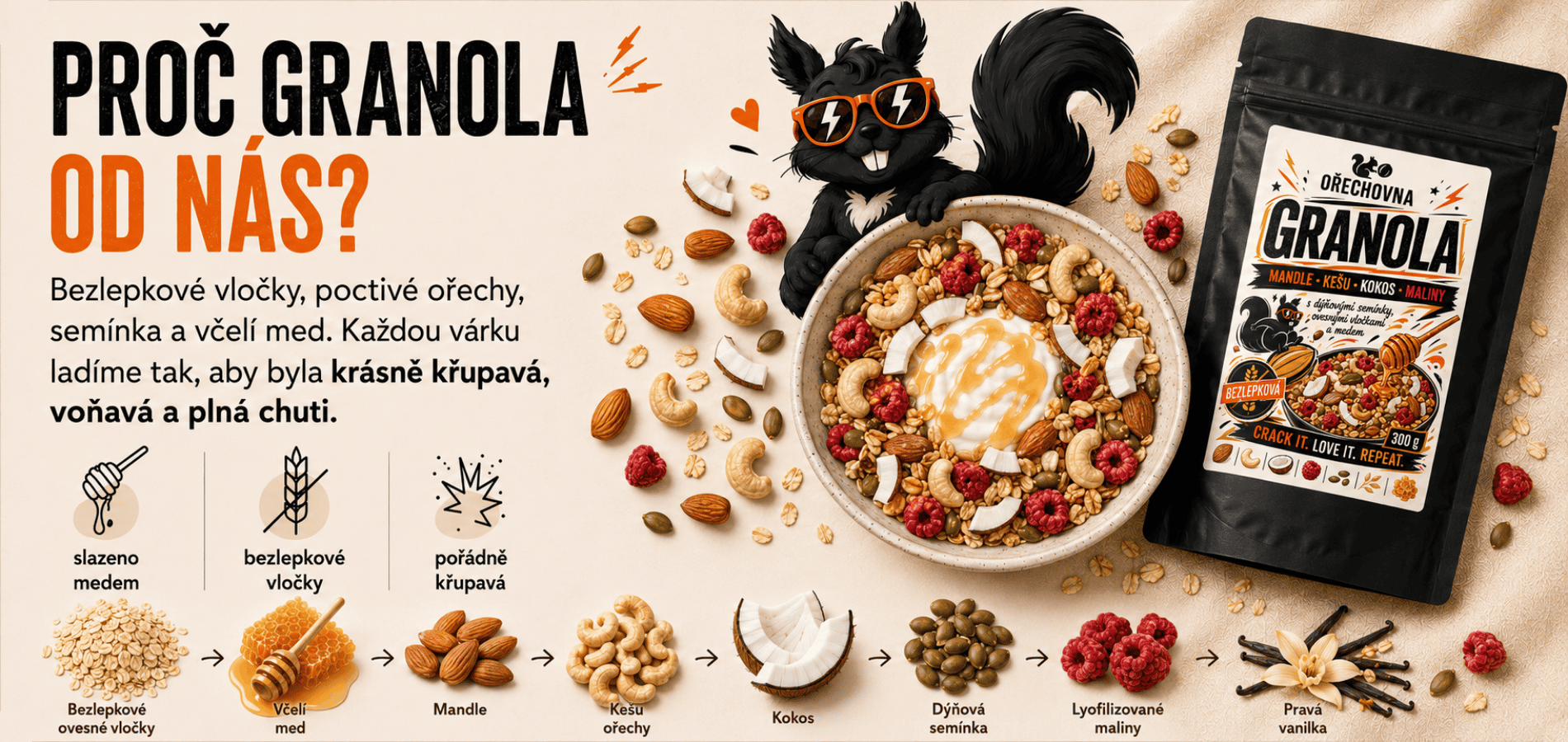Bezlepková granola Ořechovna s mandlemi, kešu, medem, kokosem a lyofilizovanými malinami