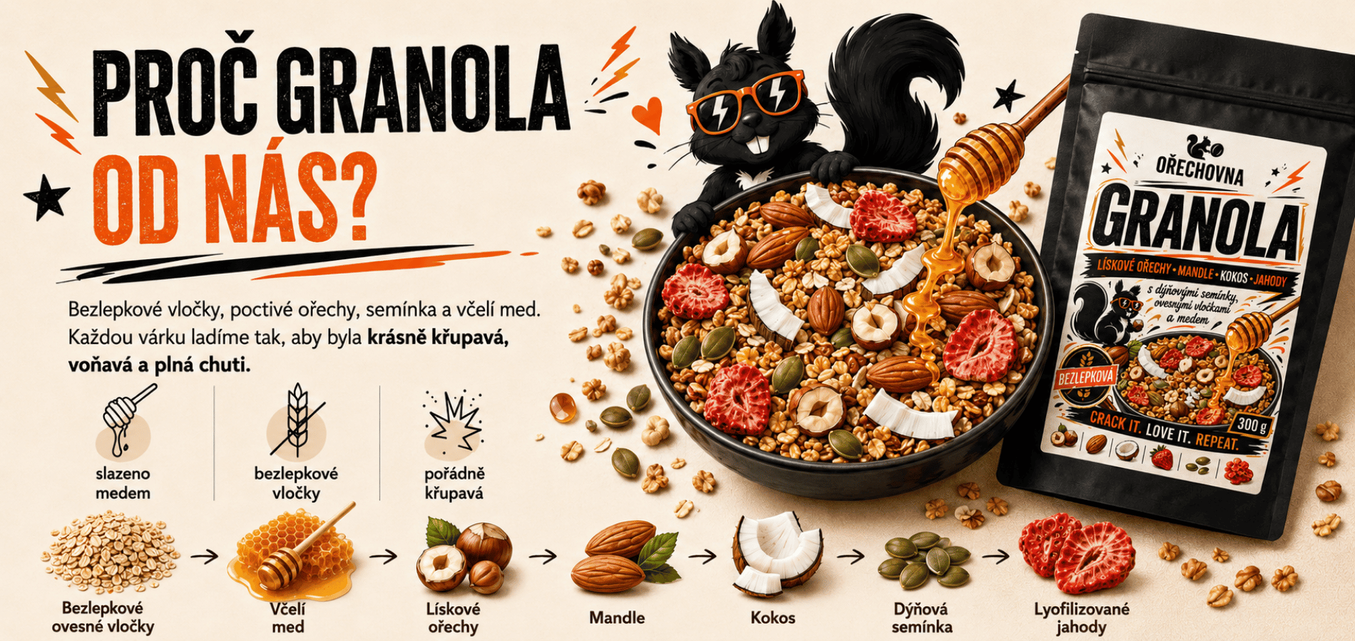 Bezlepková granola Ořechovna s mandlemi, lískovými ořechy, medem a lyofilizovanými jahodami