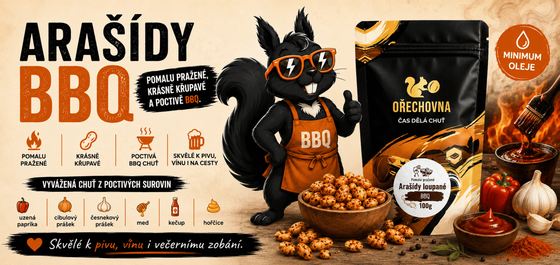 Arašídy BBQ Ořechovna – pomalu pražené arašídy s poctivou BBQ chutí