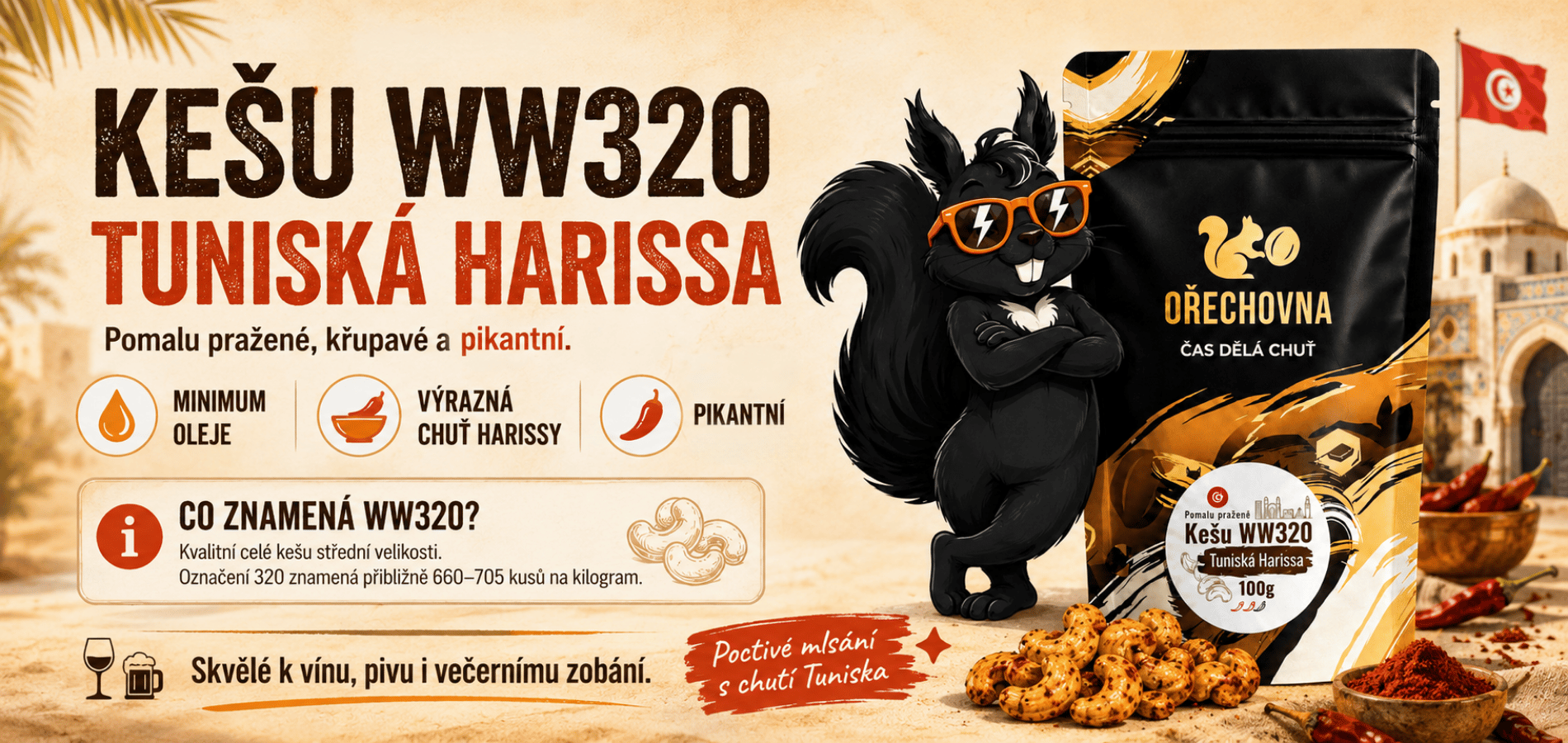 Kešu WW320 Tuniská harissa Ořechovna – pomalu pražené kešu s výraznou chutí harissy