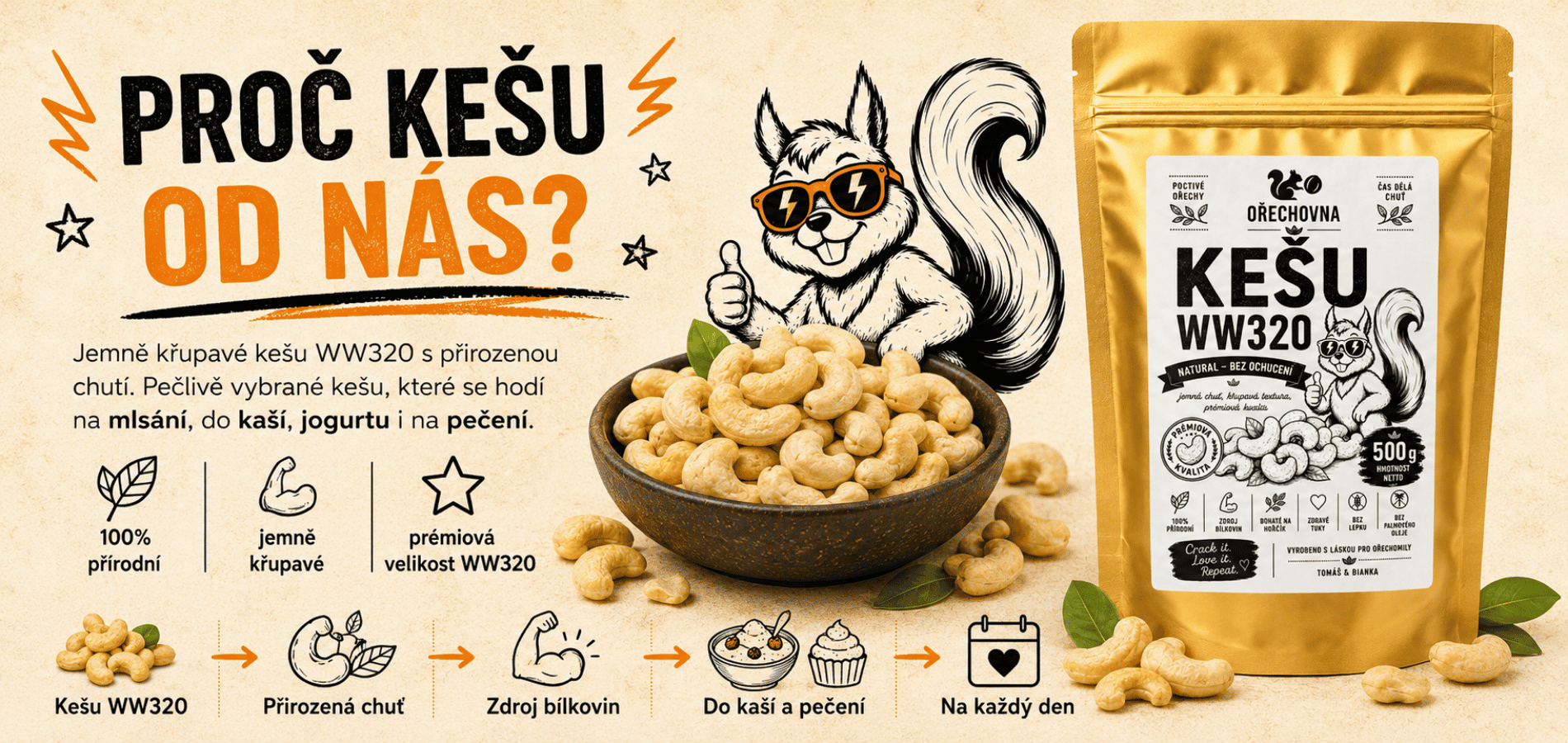 Kešu natural WW320 celé 500 g – Ořechovna