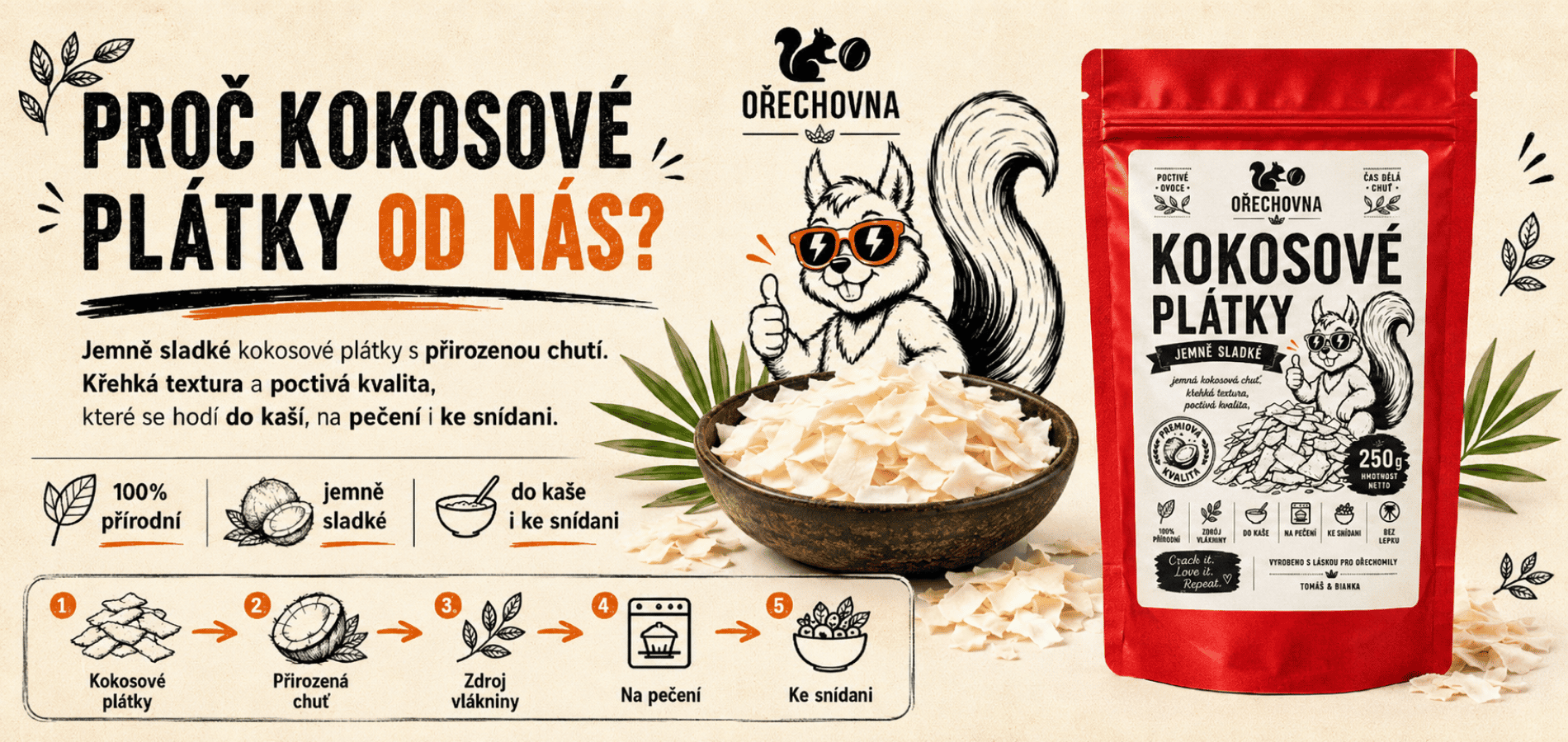 Kokosové plátky natural 250 g – Ořechovna