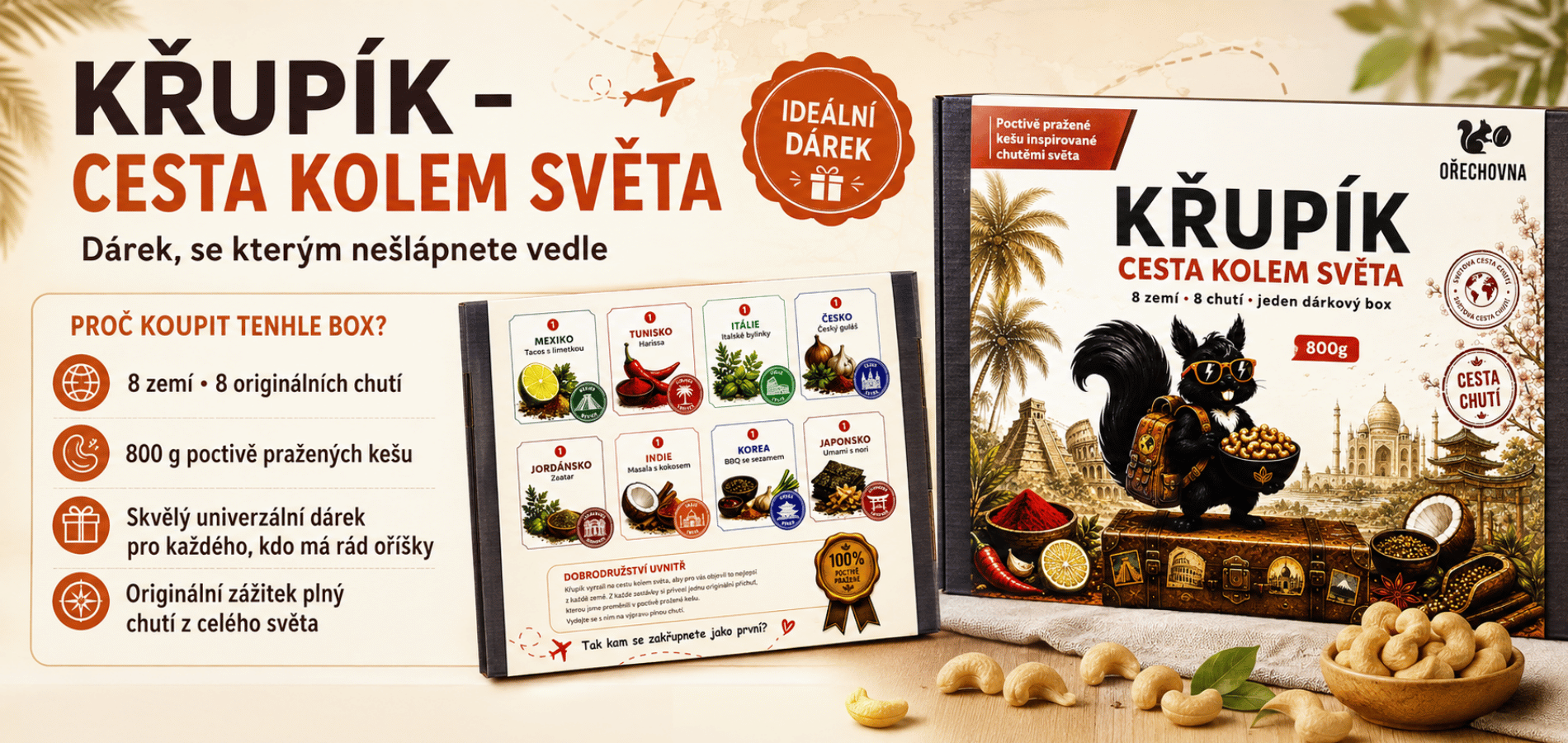 Křupík Cesta kolem světa – dárkový box s 8 příchutěmi kešu