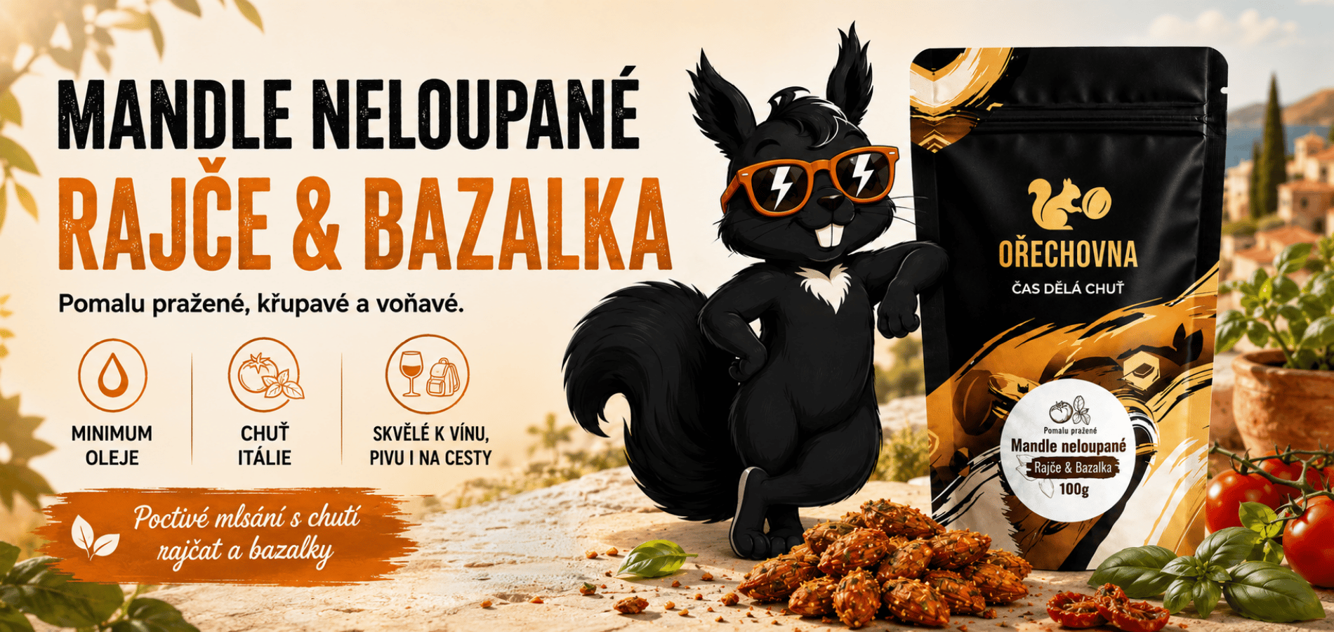 Mandle neloupané Rajče a bazalka Ořechovna – pomalu pražené mandle se sušenými rajčaty a bazalkou