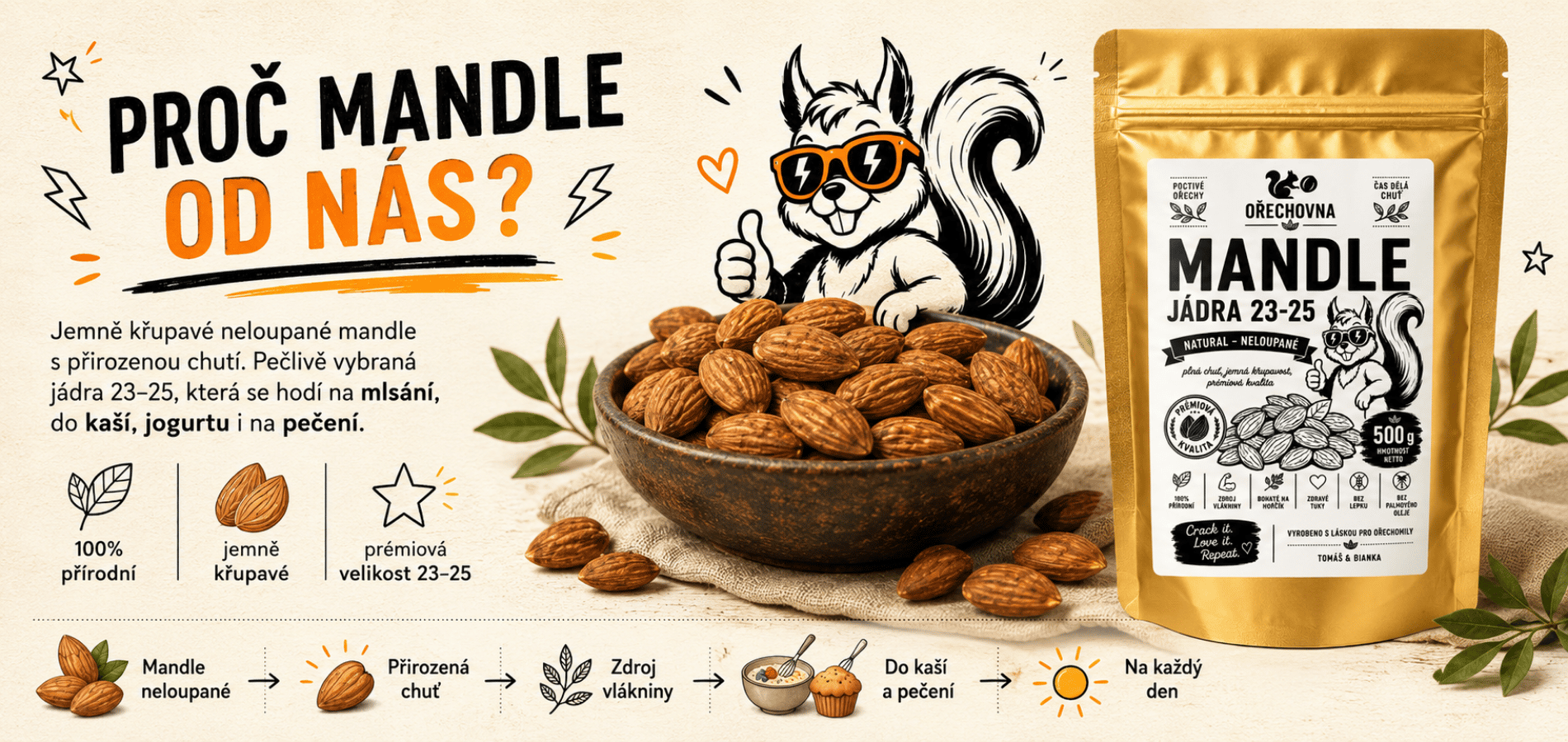 Mandle neloupané natural 23/25 celé 500 g – Ořechovna