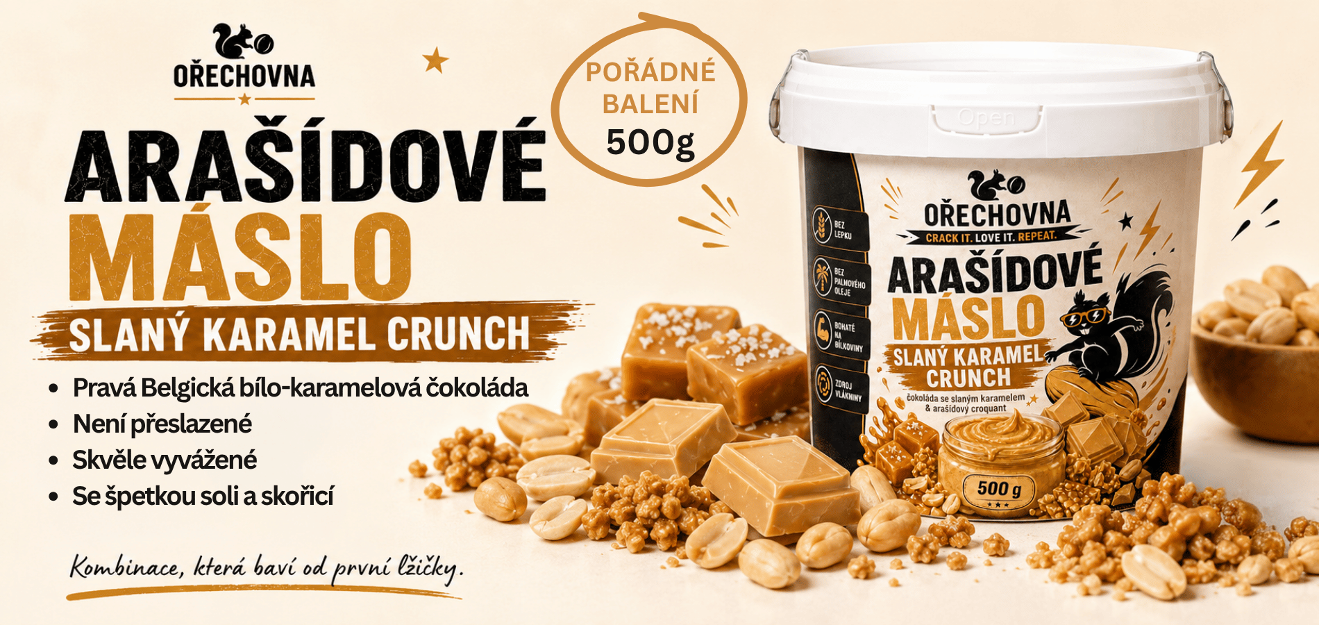 Arašídové máslo Slaný karamel Crunch Ořechovna
