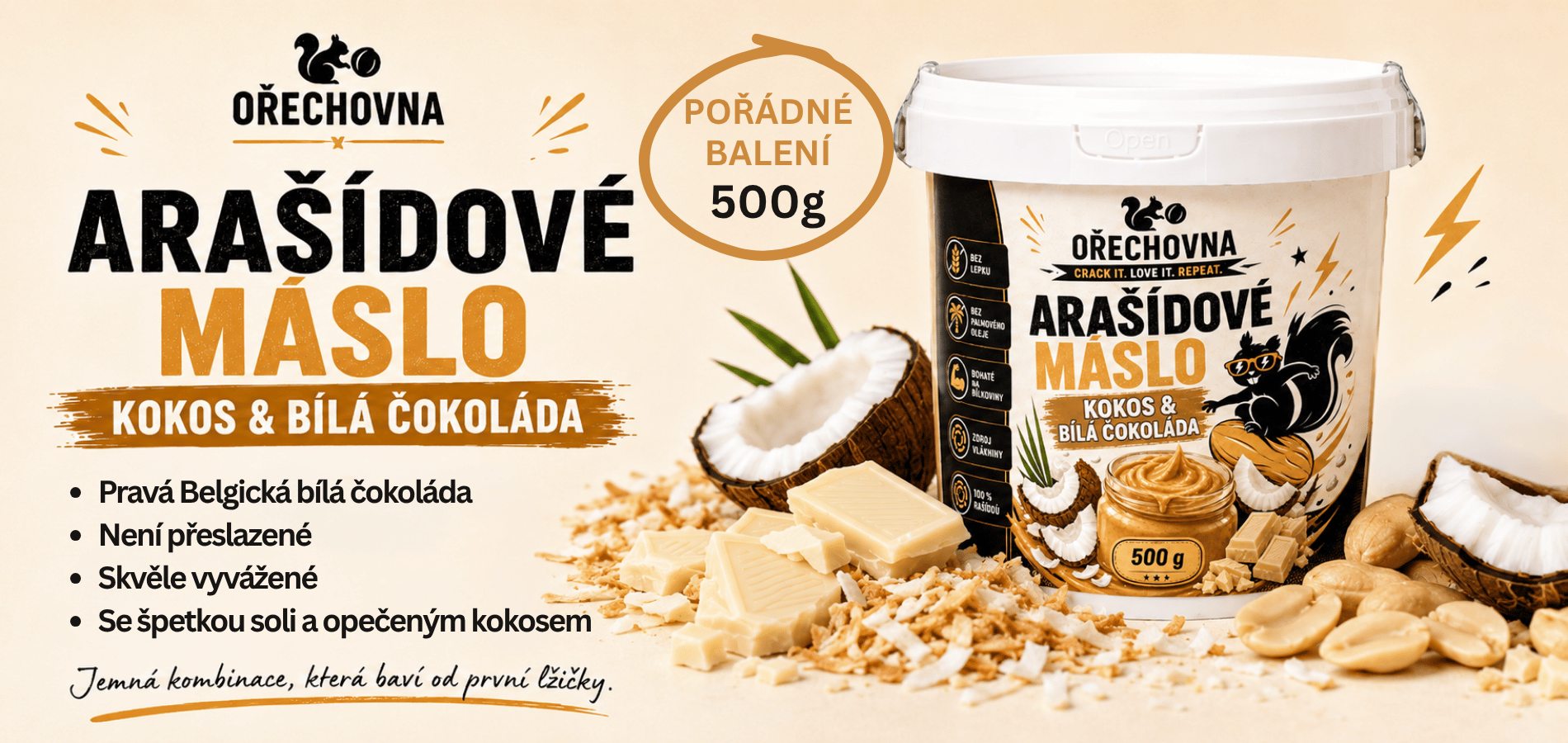 Arašídové máslo Kokos a bílá čokoláda Ořechovna