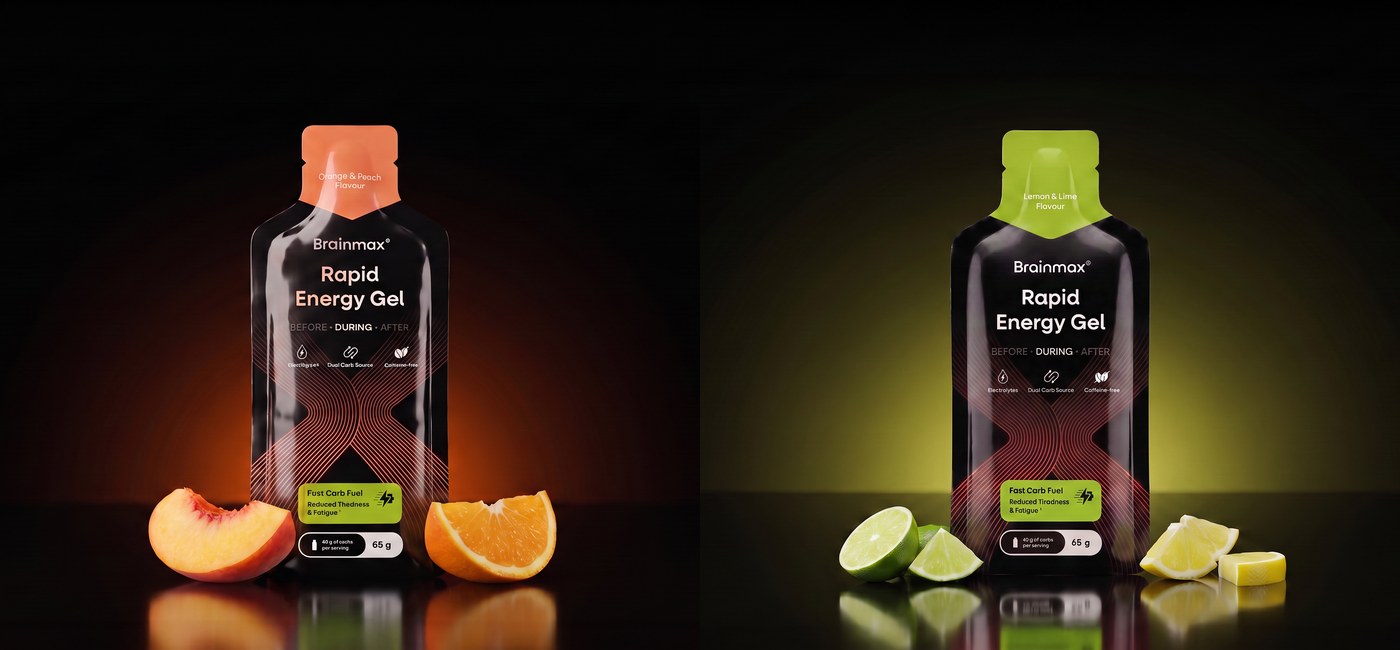 BrainMax Rapid Energy Gel — pomeranč a broskev, citron a limetka