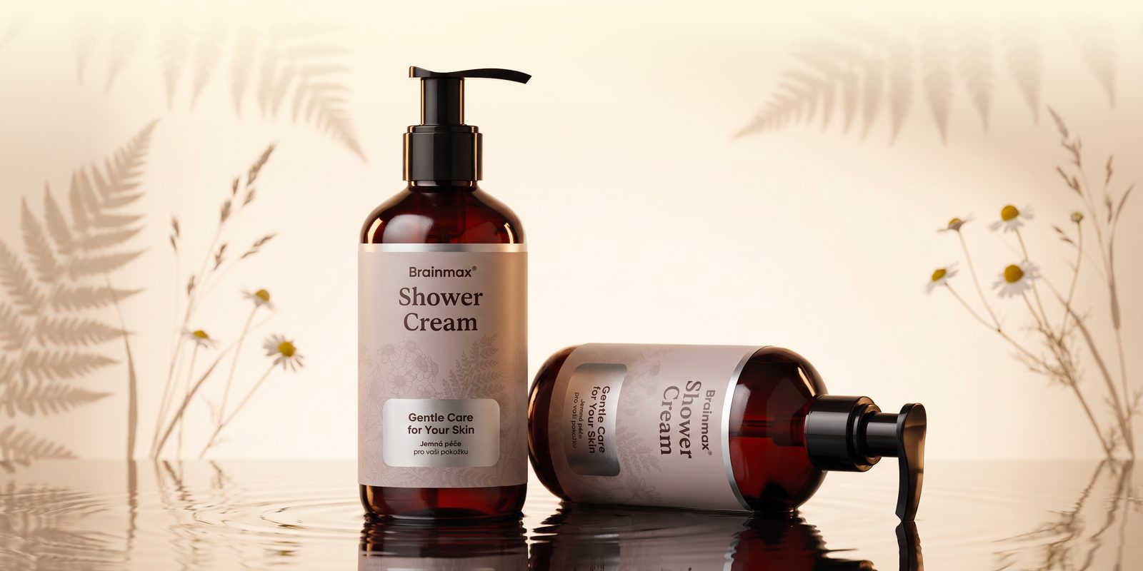 Brainmax Shower Cream – mandlový sprchový krém v lahvičkách s pumpičkou
