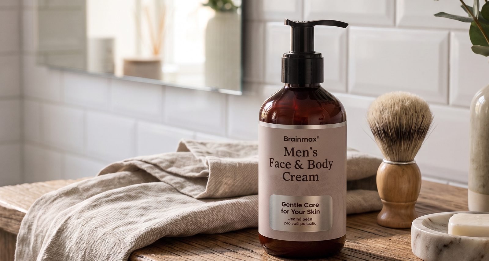 Brainmax Men's Face & Body Cream v koupelně s holicím štětkou a lněným ručníkem