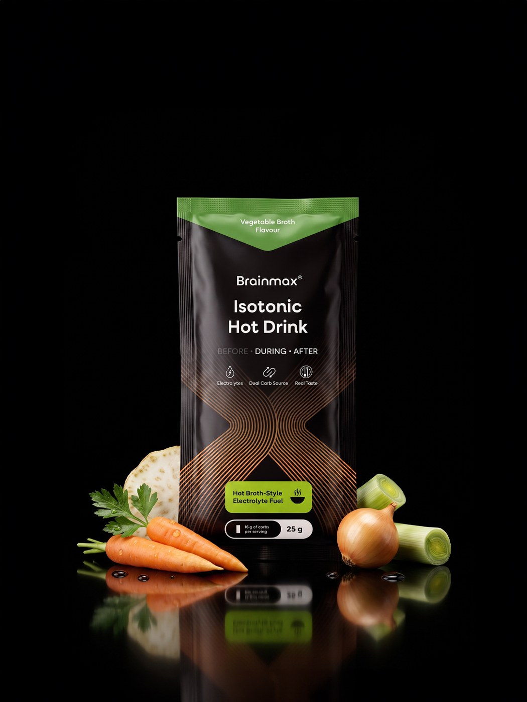 BrainMax Isotonic Hot Drink obklopený zeleninou na vývar
