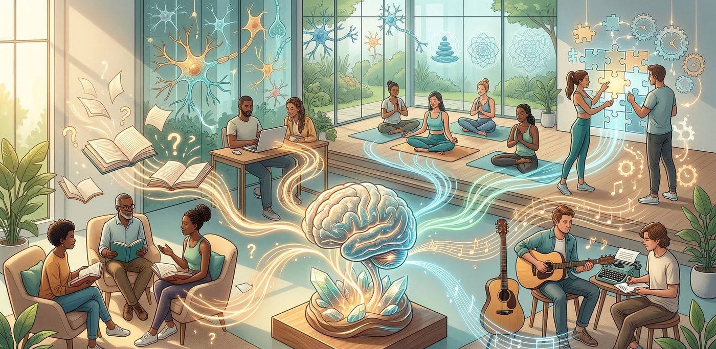 Ilustrace lidského mozku a aktivit podporujících jeho zdraví
