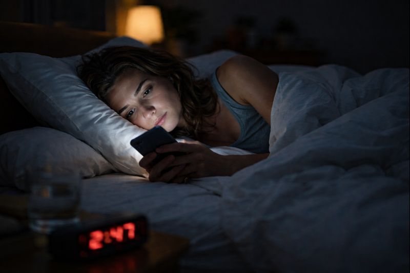 Žena nemůže v noci usnout a kontroluje telefon v posteli