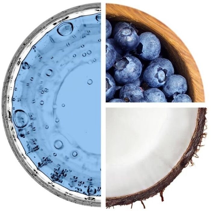 Voda, borůvky a kokos jako symbol čistých, přírodních ingrediencí