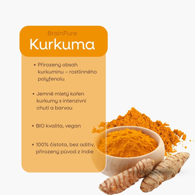 BrainPure Kurkuma – přirozený obsah kurkuminu, BIO kvalita, původ z Indie
