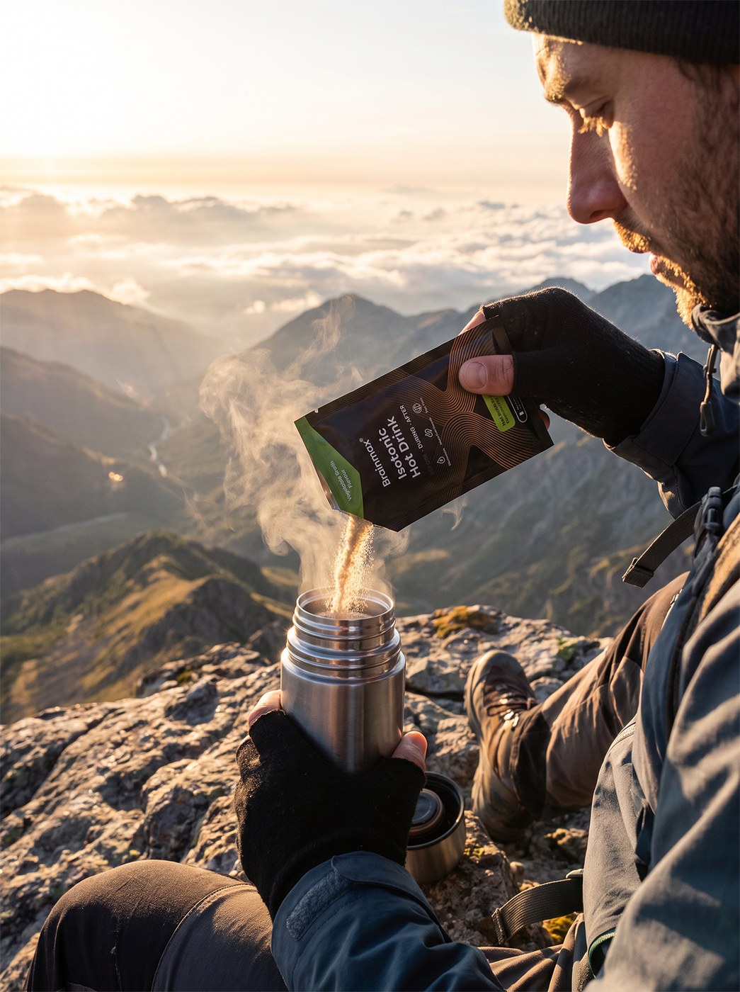 Turista si na horách připravuje BrainMax Isotonic Hot Drink do termosky