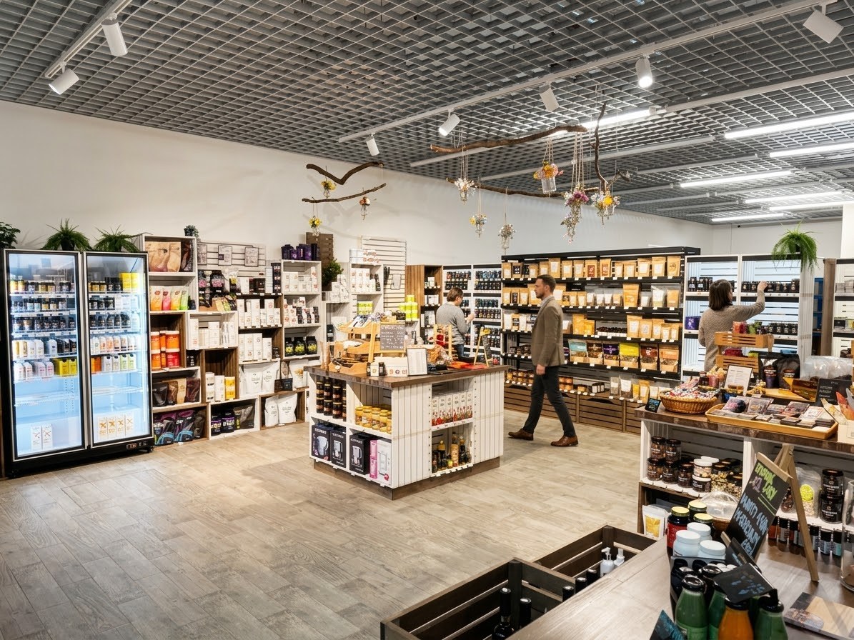 Interiér prodejny Organic Market s regály doplňků stravy a zdravého sortimentu