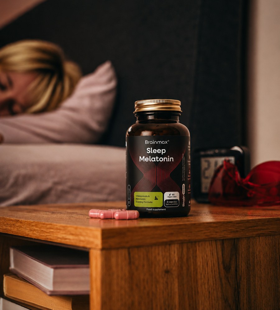 BrainMax Sleep Melatonin® na nočním stolku