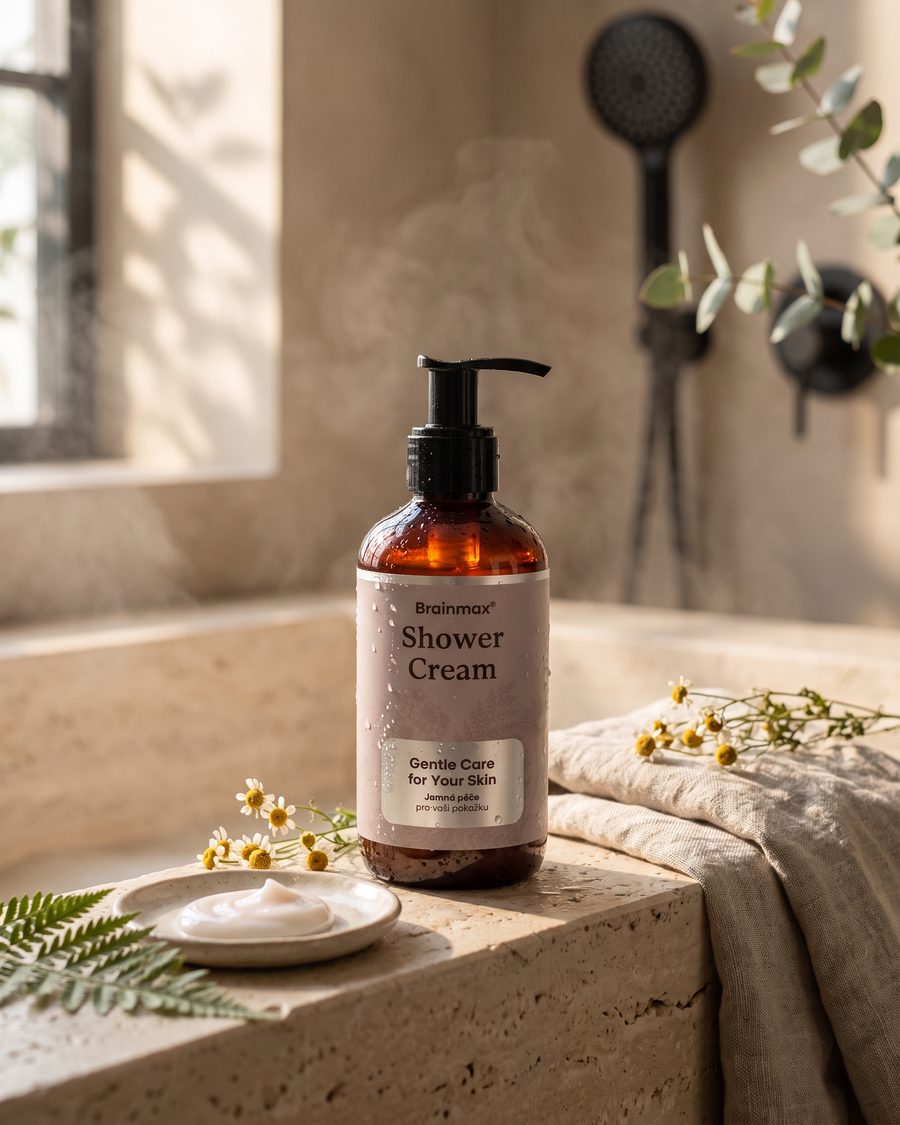 Láhev Brainmax Shower Cream v koupelně s heřmánkem a lněným ručníkem