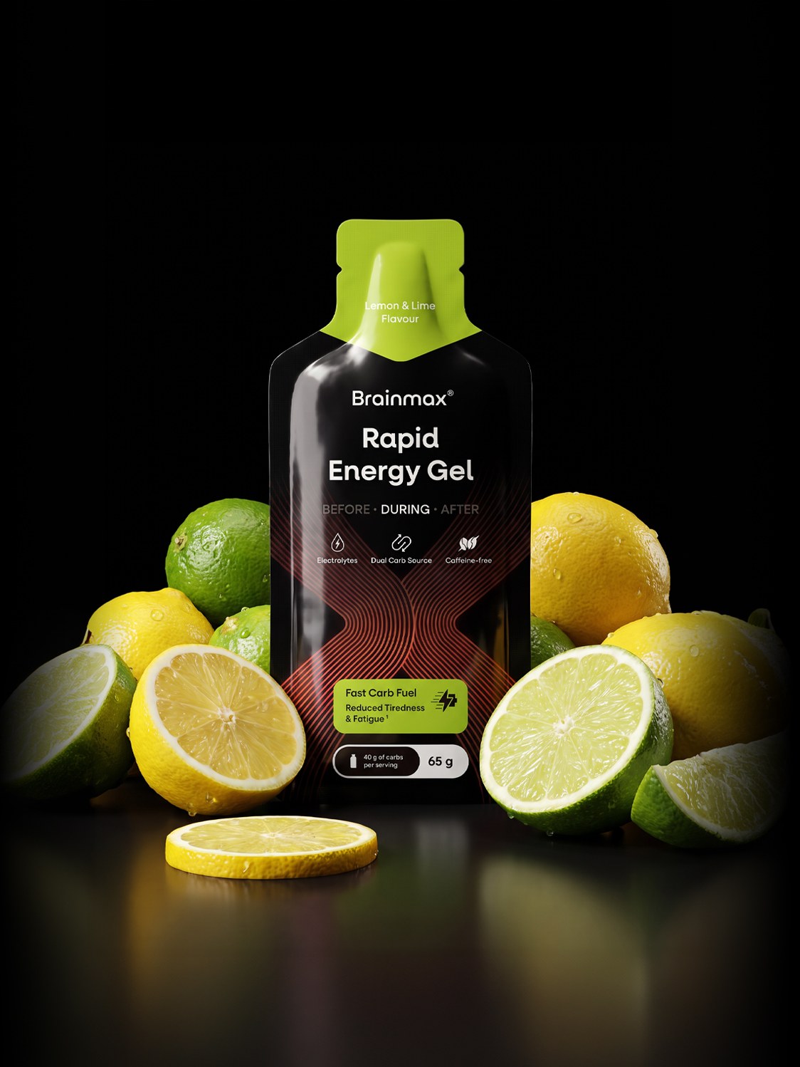 BrainMax Rapid Energy Gel Lemon & Lime obklopený citróny a limetkami