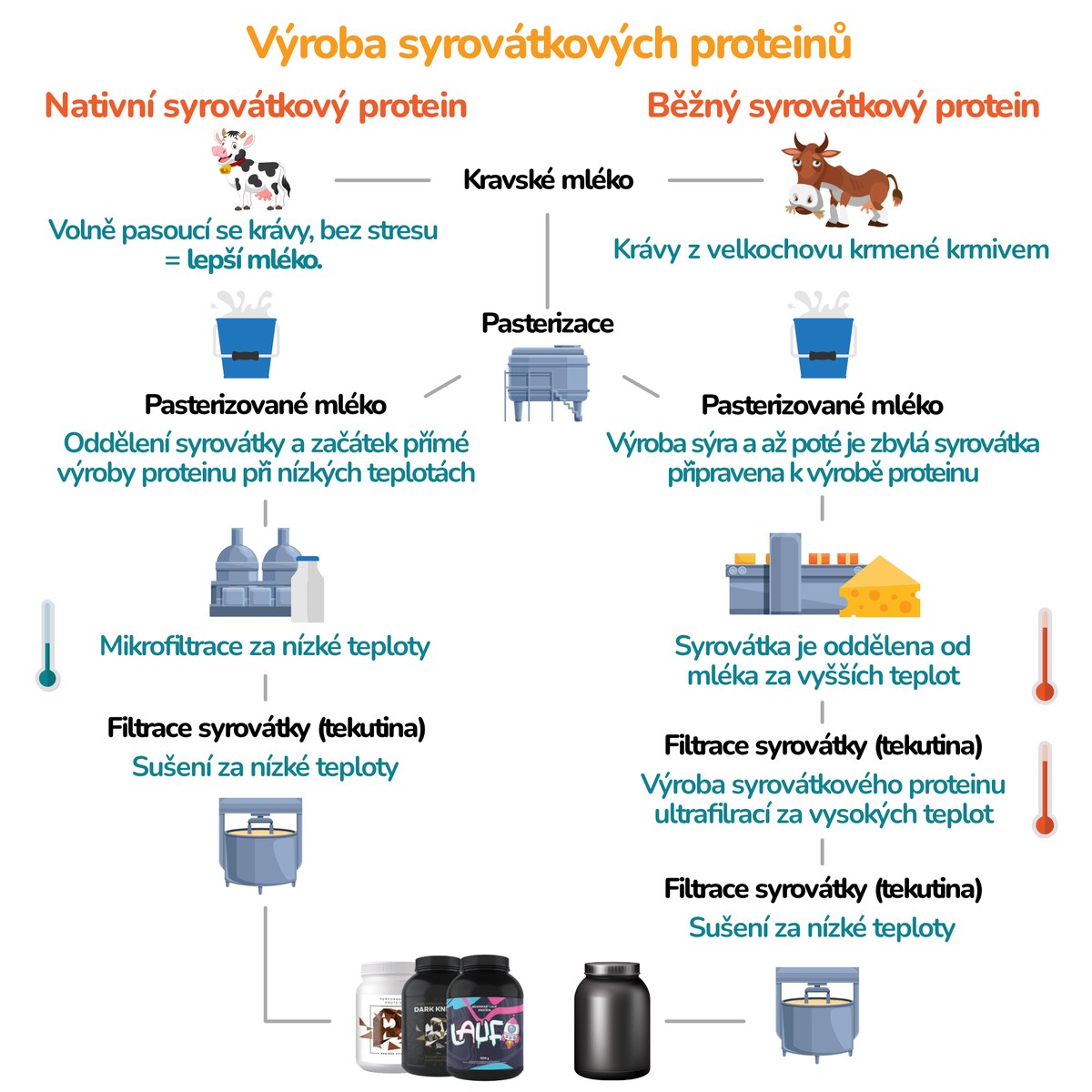 Výroba syrovátkových proteinů - nativní vs běžný postup