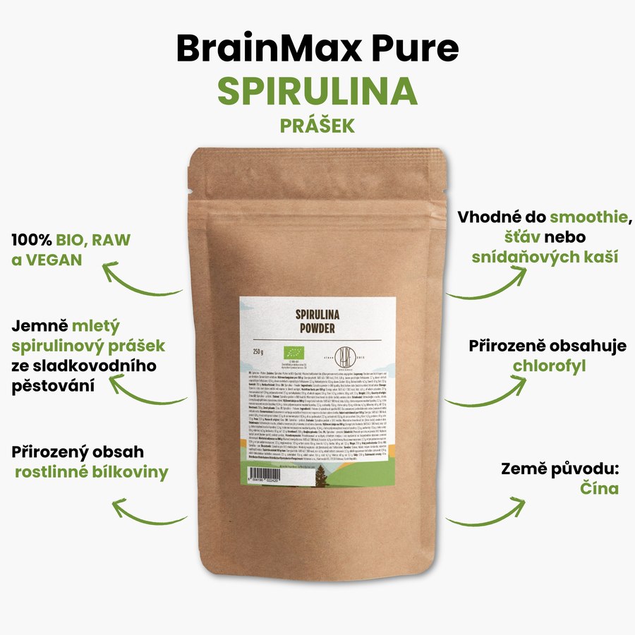 BrainMax Pure Spirulina BIO prášek 250 g - obal a přednosti
