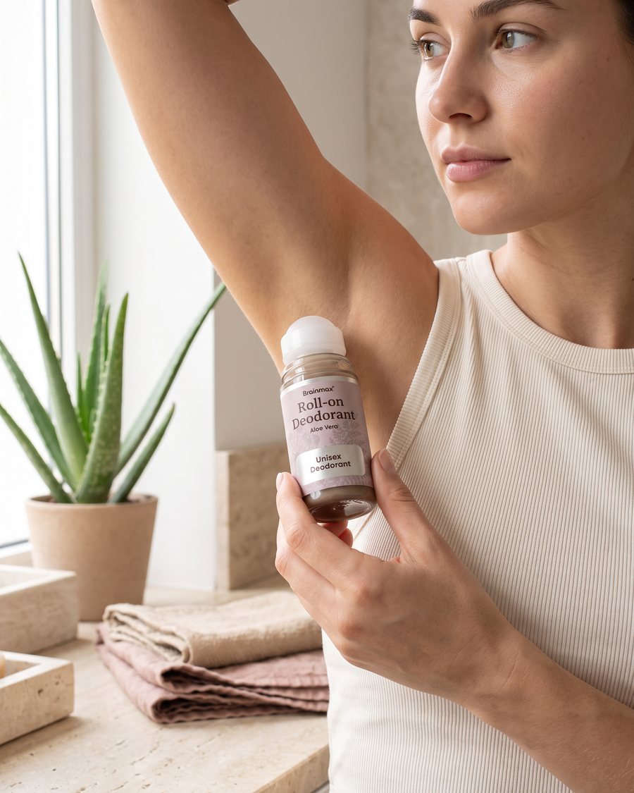 Žena aplikuje deodorant Brainmax Roll-on Aloe Vera