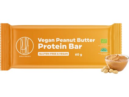 BrainMax Pure Vegan Peanut Butter Protein Bar, Veganská proteinová tyčinka, Arašídové máslo, BIO, 60 g