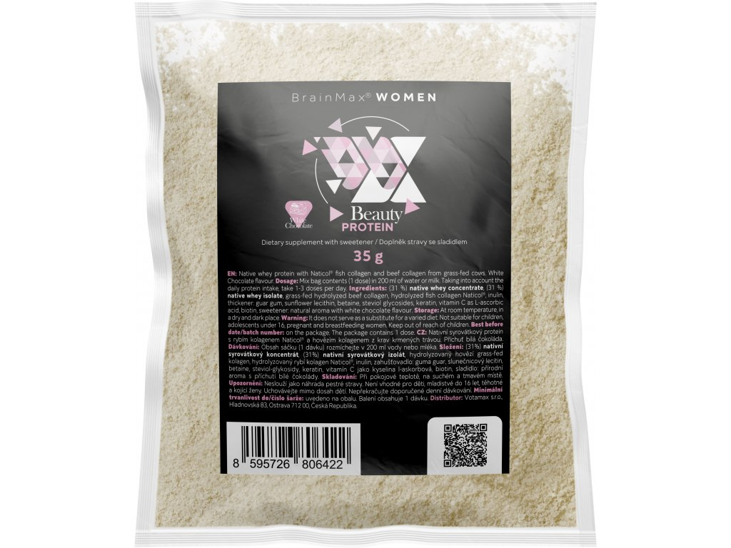 BrainMax Women Beauty Protein, protein pro ženy s kolagenem, keratinem a vitamíny, 35 g, VZOREK, 4 varianty Příchuť: Bílá čokoláda