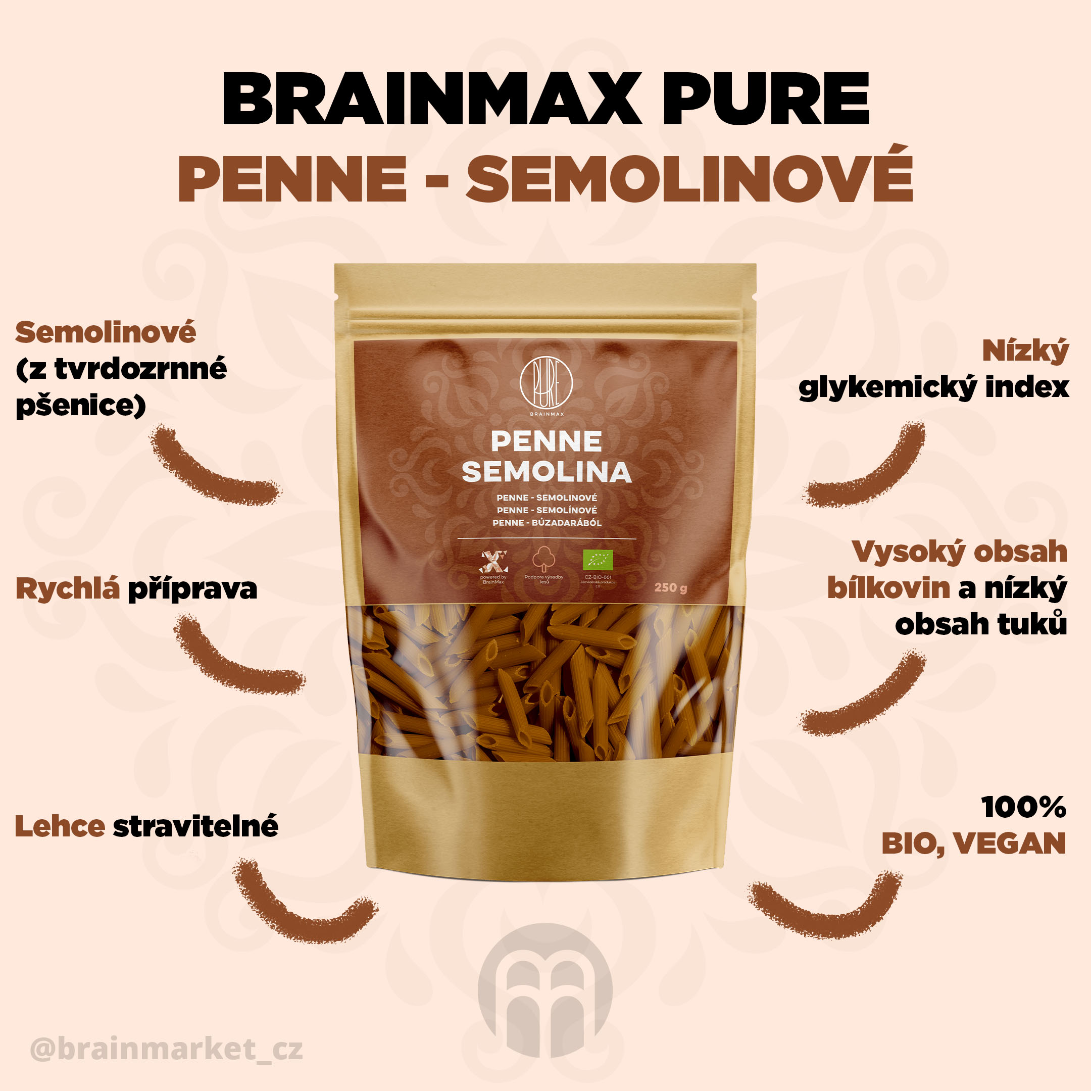 BrainMax Pure® Penne semolinové, BIO, 250 g