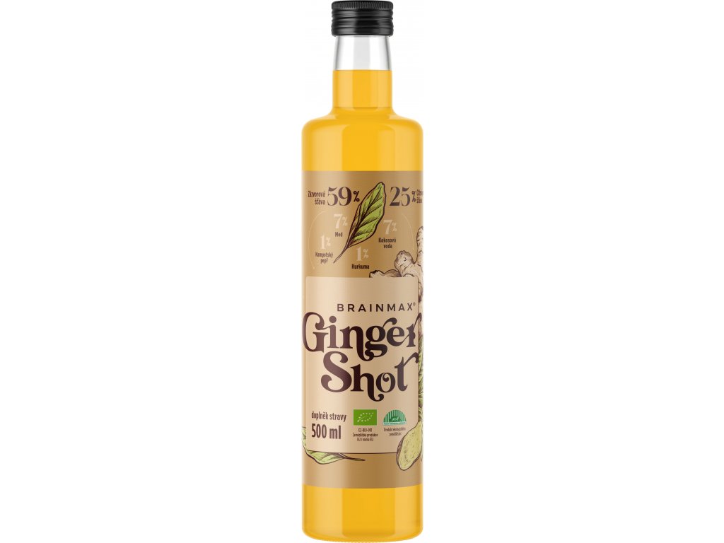 BrainMax Pure Ginger Shot, zázvorová štáva s kurkumou, BIO, 500 ml