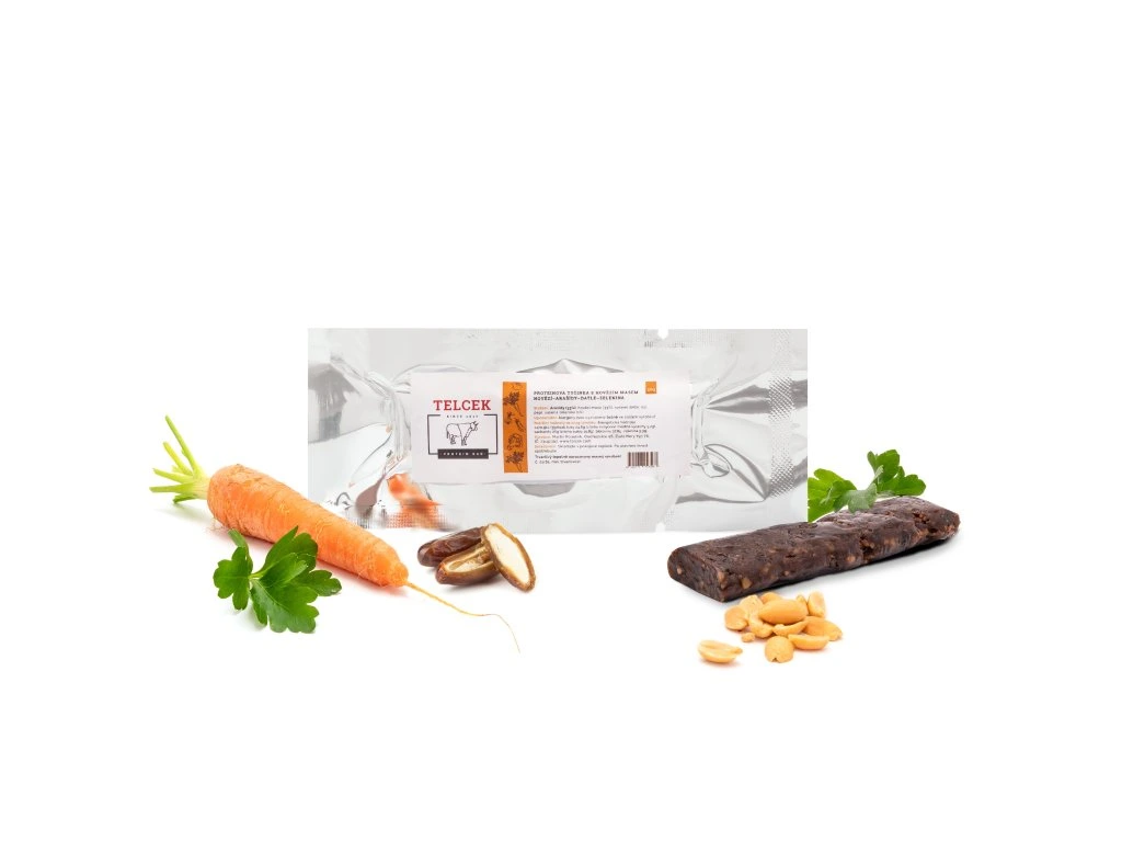 TELCEK - HOVĚZÍ PROTEINOVÁ TYČINKA (arašídy, datle, zelenina) 50g