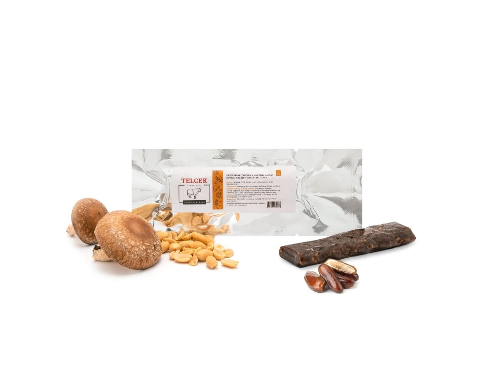 TELCEK - HOVĚZÍ PROTEINOVÁ TYČINKA (arašídy, datle, shiitake) 50g