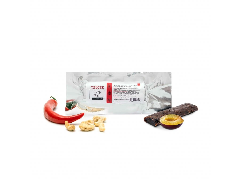 TELCEK - HOVĚZÍ PROTEINOVÁ TYČINKA (švestka, kešu, chilli) 50g