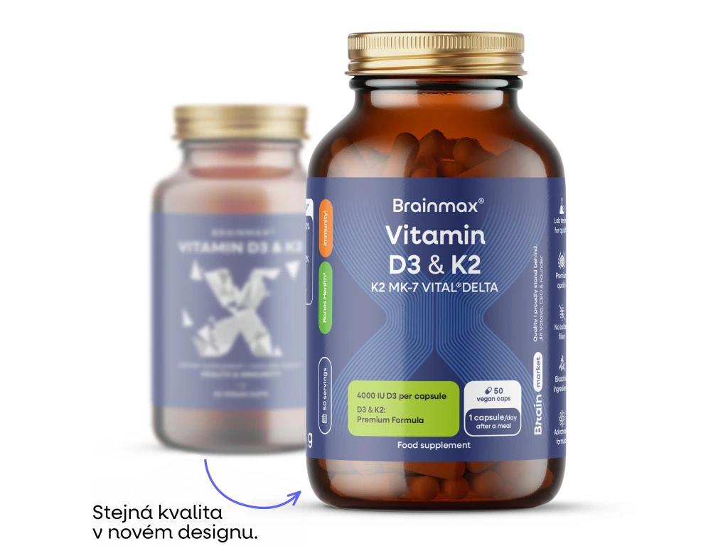 BrainMax Vitamin D3 & K2®, D3 4000 IU / K2 150 mcg, 50 rostlinných kapslí