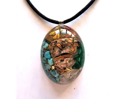 Orgonitový přívěsek Amulet živlů – jaspis, tygří oko, malachit, křišťál, tyrkenit – OrgoArt (přední strana)
