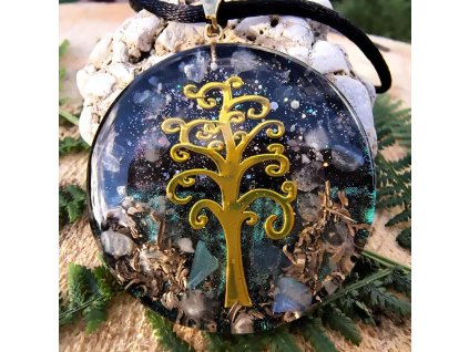 Ručně vyrobený orgonitový přívěsek Hvězdný strom intuice – symbol stromu života s minerály křišťál a šungit.