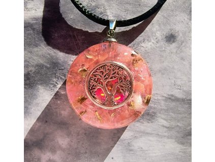 Růžový orgonit s melounovým křemenem a křišťálem – symbol Stromu života