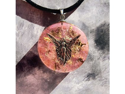 Růžový orgonit s křemenem jahodovým, křišťálem a vílou