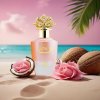 Nuha eau de parfum perfume bottle photograph at beach besides roses
