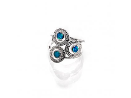 Prsten stříbro Tři brože modrý syntetický opál