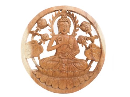 Závěsná dekorace dřevo Buddha kruh 30 cm světlá