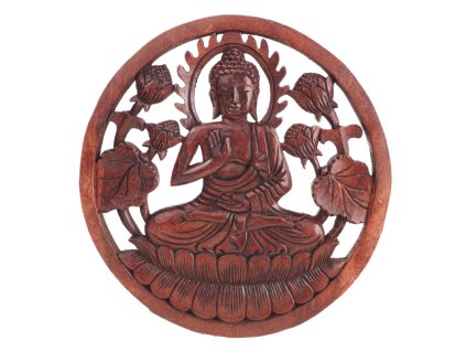 Závěsná dekorace dřevo Buddha kruh 30 cm tmavá