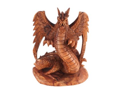 Soška dřevo Drak s roztaženými křídly 30 cm tmavá